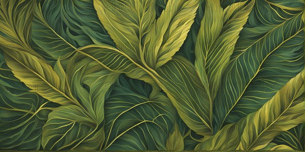 Abstract wallpaper highlighting stylized cannabis leaves in vibrant green and golden colors, AI