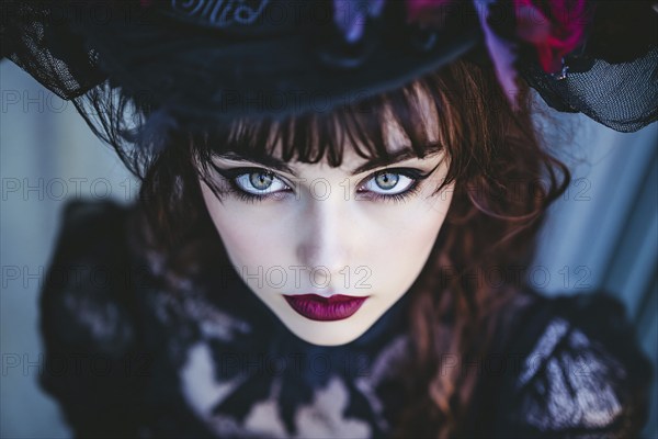 Young woman with black Halloween witch costume with hat. Generative Ai, AI generated