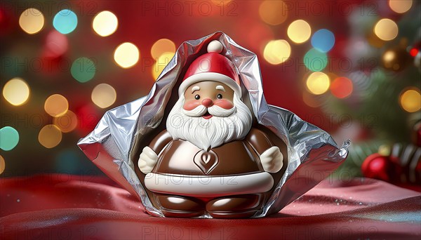 Chocolate Father Christmas, half wrapped in aluminium foil, in front of a Christmas background,