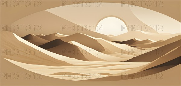 Abstract desert scene with triangular sand dunes and a single circular sun, using sharp lines and