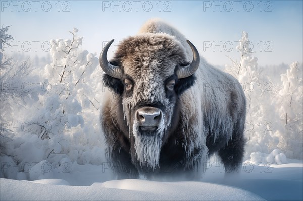 Large male bison covered with ice walking in snow, AI generated