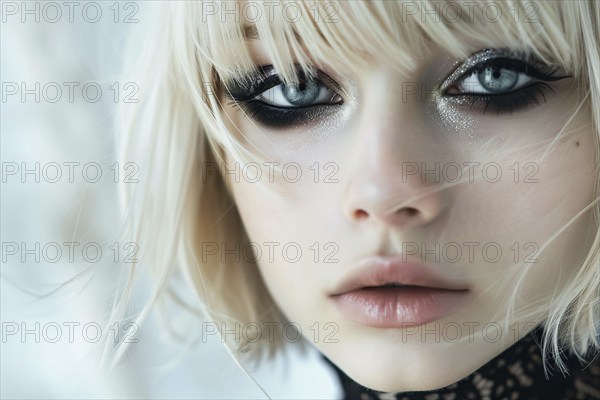 Portrait of young attractive woman with blond hair with bon hairstyle with bangs and black