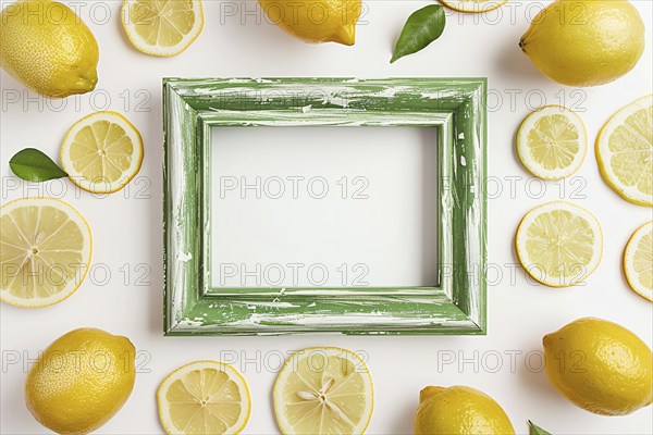 Top view of empty green vintage style picture frame surrounded by whole lemon fruits and slices on