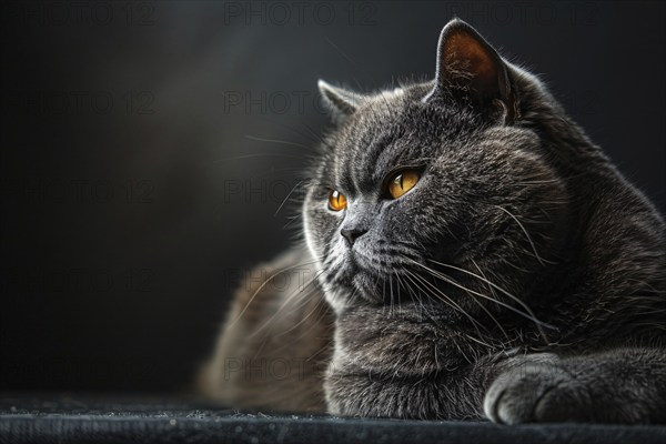 Cute British Shorthair cat on dark background. KI generiert, generiert, AI generated