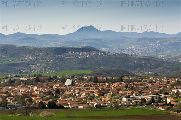 View on Vic le Comte village, Puy de Dome volcano in background, Limagne plain, Puy de Dome