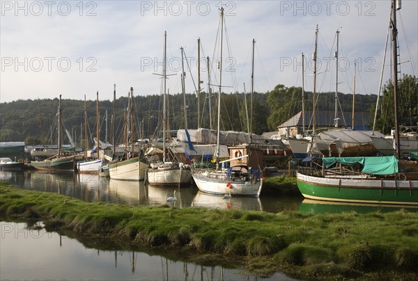 Boats on the Helford River in boatyard at Gweek, Cornwall, England, United Kingdom, Europe