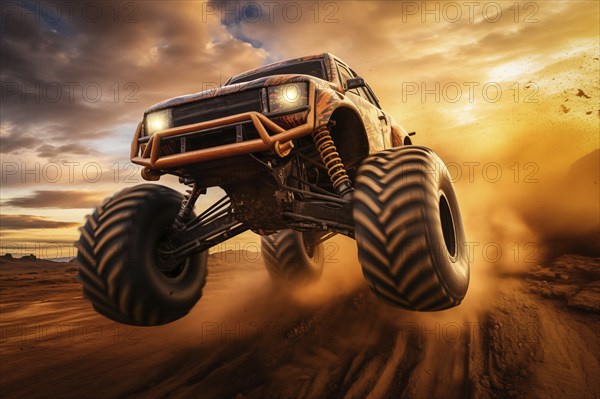 Monster truck driving and jumping outdoors amidst a cloud of dust. Thrill and adrenaline of an