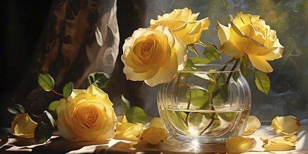 Transparent crystal glass vase with yellow blooming roses, AI generated