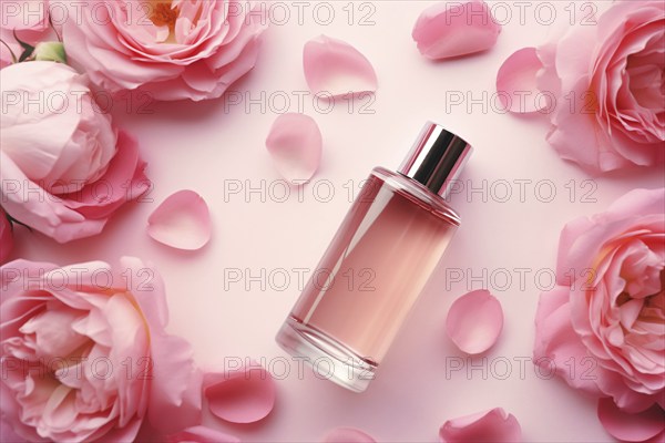 Bottle with beauty face serum surrounded by pink peony flowers. KI generiert, generiert AI