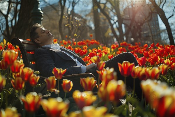 A businessman rests on a park bench surrounded by tulips in a park and enjoys the first warming