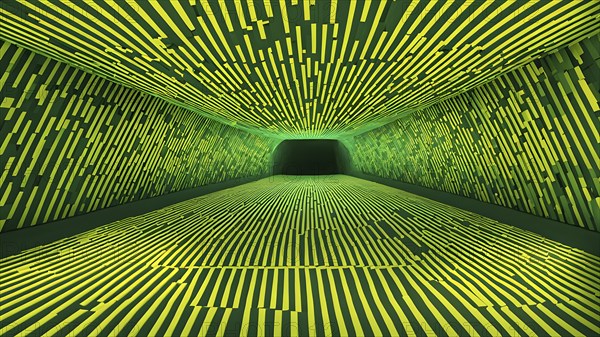 Abstract geometric pattern tunnel structure embodying data streams and communication in green hues,