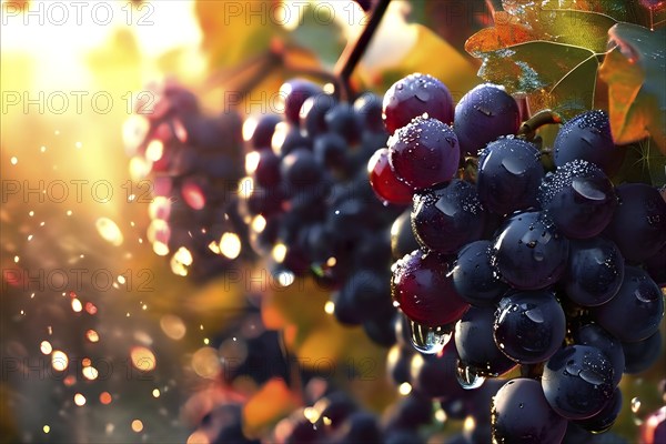 Harvest ready grape bunches with water droplets sparkling in the sunlight, AI generated