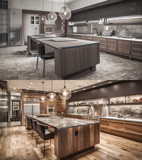 Luxurious custom kitchen upgrade interior before and after construction, generative AI, AI