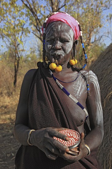 South Ethiopia, in Maco National Park, Mursi tribe, plate lip woman, Mursi woman with naked upper