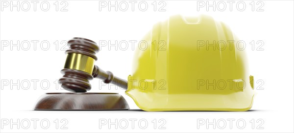 Yellow hard hat and gavel isolated on a white background