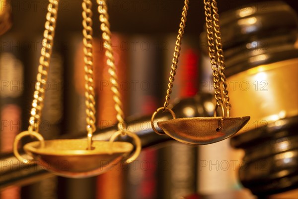Symbolic image of justice, jurisdiction, court judgement: close-up of the scales of Justitia, a