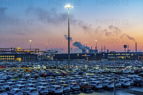 Car terminal in the Logport I inland port in Duisburg on the Rhine, vehicle handling of new cars,