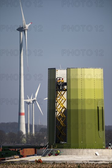 Construction of a wind turbine, Enercon steel pillar, near Kerken, Kleve district, Lower Rhine,