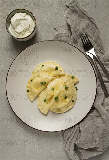 Pierogi, a traditional dish of Polish cuisine, dumplings, top view, close-up, no people