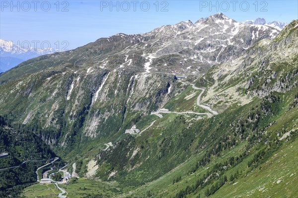 View down the Rhône valley to the village of Gletsch at the bottom left at the back right steep