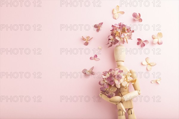 Wooden mannequin holding hydrangea flowers on pink pastel background. copy space, isolated, spring,