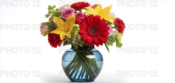 Transparent crystal glass vase with vibrant blooming flowers, AI generated