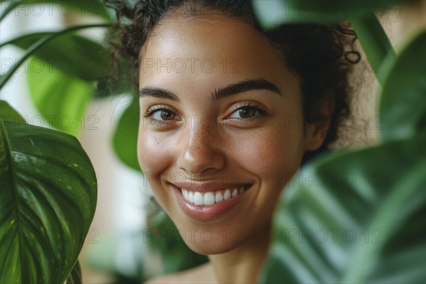 Young woman between leaves of tropical houseplants. Generative Ai, AI generated