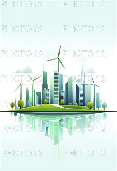 Abstract visual illustration of a city skyline where buildings morph into wind turbines and trees,