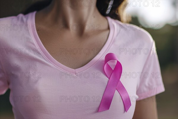 Pink breast cancer awareness ribbon attached to woman's shirt. KI generiert, generiert, AI