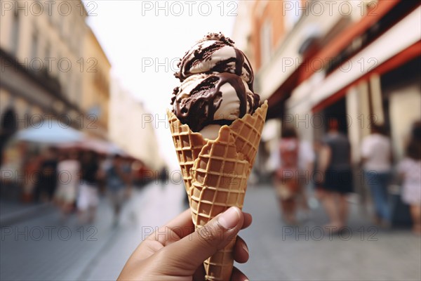 Hand holding vanilla ice cream with chocolate sauce in cone with blurry city in background. KI