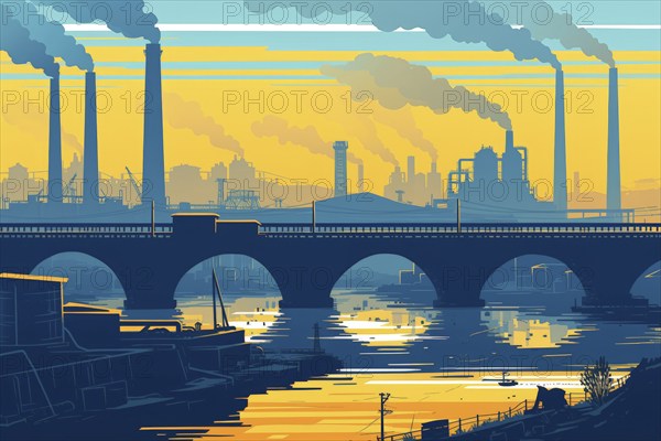 Illustration, graphic of an industrial landscape with bridges over a river, smoking chimneys at