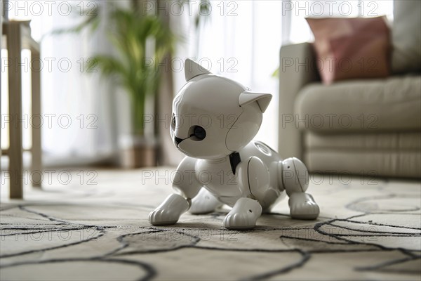 White robotic cat on living room floor. KI generiert, generiert, AI generated