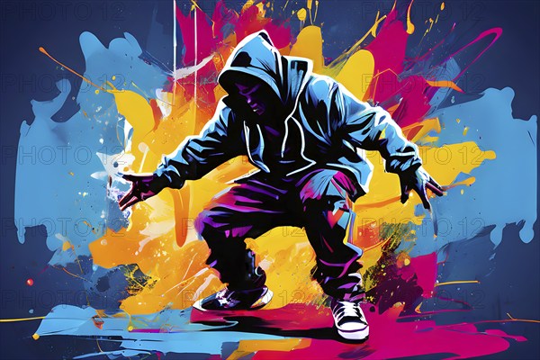 Illustration of a dynamic breakdancer mid action on a vibrant splash paint background, AI generated