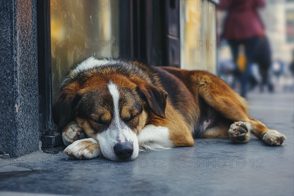 Stray dog sleeping on street. Generative AI, AI generated
