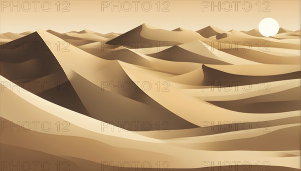 Abstract desert scene with triangular sand dunes and a single circular sun, using sharp lines and