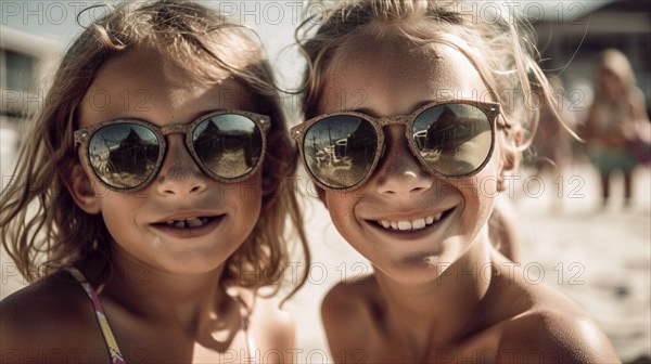 Two young girlfriends posing wearing sunglasses having fun on the beach, generatvie AI, AI