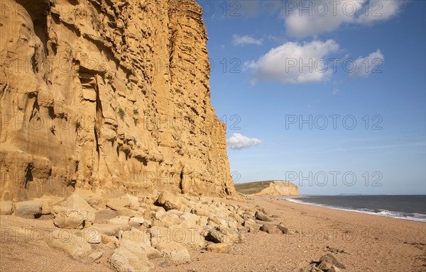 Sandstone cliffs and beach West Bay, Bridport, Dorset, England, UK