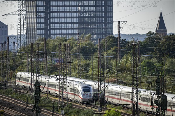 Railway tracks in front of Essen main station, ICE 2 train and ICE 4, in front, on the tracks,