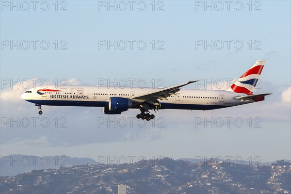 A British Airways Boeing 777-300 (ER) aircraft with the registration G-STBH at Los Angeles Airport,