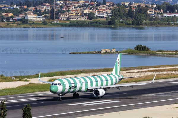 A Condor Airbus A321 aircraft with the registration D-ATCB at Corfu Airport, Greece, Europe