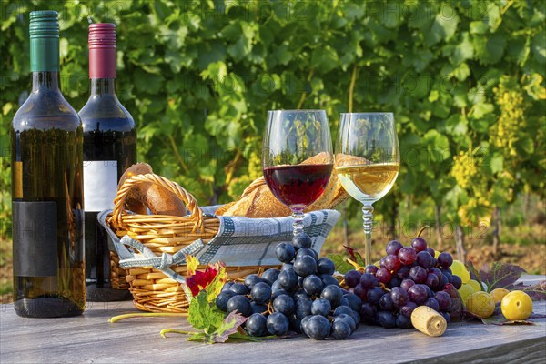 Symbolic image: Ripe grapes decorated with wine glasses on a wooden table