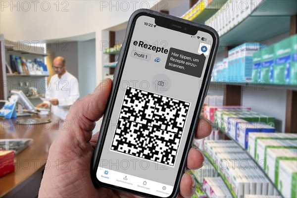 Symbolic image of an e-prescription, prescription issued by a doctor, with QR code, is scanned