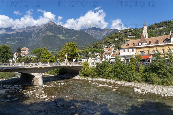 City view, skyline of Merano, river Passer, post bridge, South Tyrol, Italy, Europe