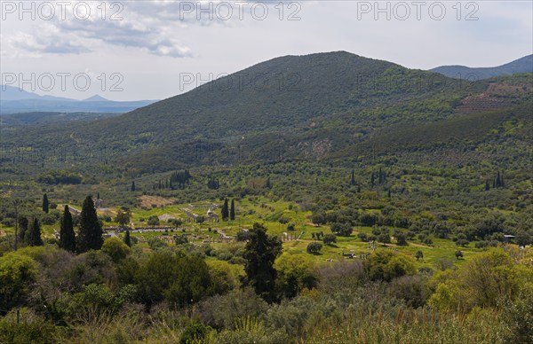 A peaceful landscape with green mountains, trees, farmland and a cloudy sky, view of Messene,