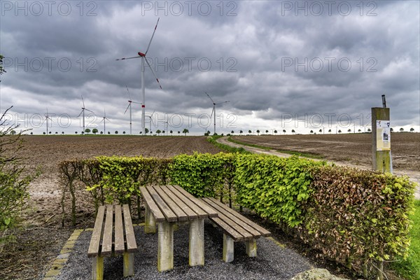 Wind farm south-east of Heinsberg, dark storm clouds, strong wind, North Rhine-Westphalia, Germany,