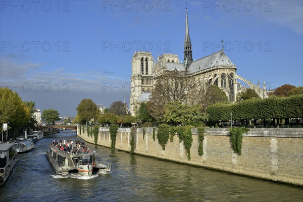 Sightseeing boat on the Seine river in front of Notre Dame Cathedral, Paris, France, Europe