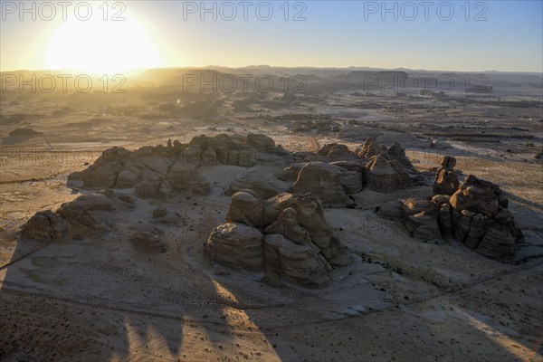 Rock landscape at Jabal Ithlib, blue hour, aerial view, Hegra or Mada'in Salih, AlUla region,