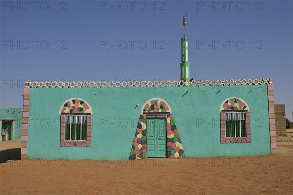 Sufi Gadria Mokakshfia Mosque, typical colourful Nubian, pattern, Al Dabbah, Northern State, Nubia,