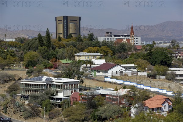 View of the city from Lover's Hill, Independence Museum and Christuskirche, Windhoek, Khomas