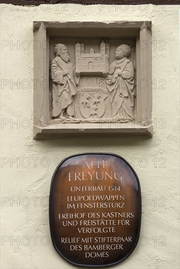 Relief with pair of donors of Bamberg Cathedral and coat of arms at the Alte Freyung, Zeil am Main,